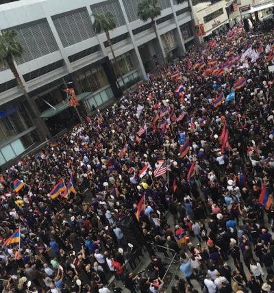 A overhead shot of the more than 60,000-strong crowd at Sunday’s Rally for Justice at the Turkish Consulate in LA