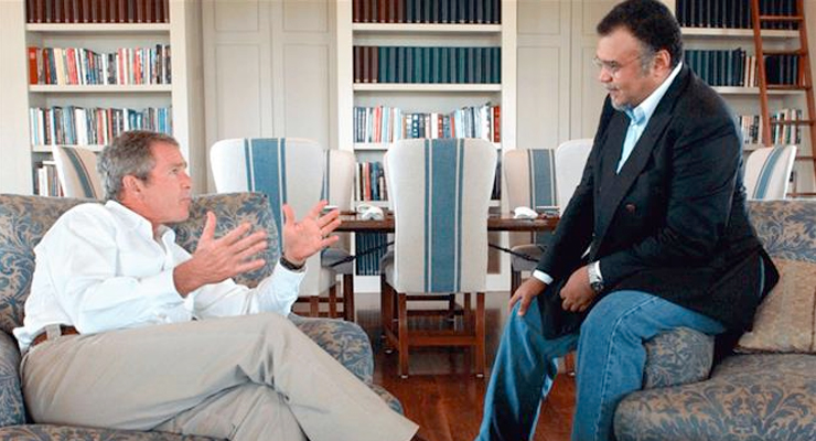 Former Saudi Ambassador to Washington Prince Bandar bin Sultan (R) with former US President George W. Bush