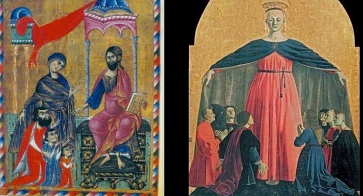 On the left: Holy Mother pleads for duke Vasak and his sons. Vasak’s book of gospels, 13th century. On the left: Madonna of Mercy, Piero della Francesca