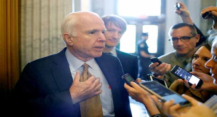 Senator John McCain speaks to reporters at the U.S. Capitol in Washington, U.S., May 10, 2017. REUTERS/Joshua Roberts